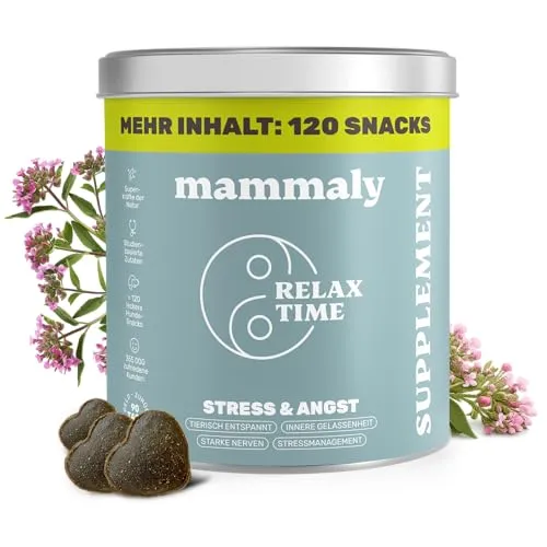 mammaly Beruhigungsmittel für Hunde Relax Time - 110 Leckerlis - Entspannungs- & Anti-Stress-Mittel für Hunde, mit natürlichen Inhaltsstoffen wie Baldrian und L-Tryptophan für mehr Ruhe und Gelassenheit.