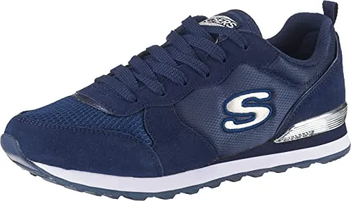 Skechers Damen Retros-og 85 Sneaker - Damen-Sneaker aus hochwertigem Navy Suede und Mesh, mit stylischem Silber-Trimm für einen modischen Look.