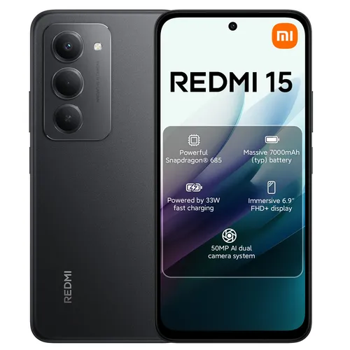 Xiaomi Redmi 15 256GB DS Black - 5G Smartphone mit 7000 mAh Akku - Handys ohne Vertrag mit beeindruckendem 6,9" FHD+ Display und 33 W Turbo-Laden für eine Nutzung von bis zu 2 Tagen ohne Unterbrechung. Ideal für Multimedia und Gaming!