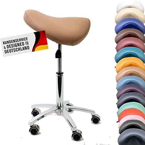 Promafit Sattelhocker/Sattelstuhl mit Gummirollen für alle Böden und Metallfuß - ergonomisch - stufenlos höhenverstellbar - viele Farben - 360° drehbar (Hellbraun, Ohne Fußring)