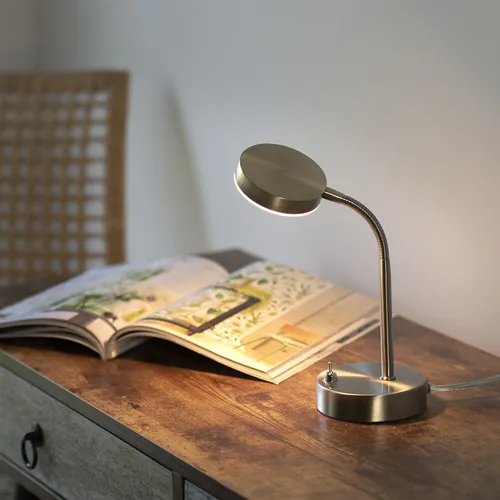 Moderne LED Tischlampe rund silber drehbar - Tischleuchte mit 360° drehbarem Leuchtenkopf und warmweißem Licht, ideal für Schreibtische und kreative Arbeitsbereiche.