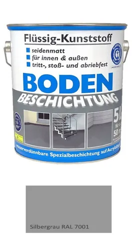 Wilckens Flüssig-Kunststoff Bodenbeschichtung LF, 5 l - RAL 7001 Silbergrau - Bodenbeläge: Spezialbeschichtung für Innen- und Außenbereiche, zähelastisch und umweltschonend, ideal für normal belastete Böden. Ergiebigkeit: ca. 50 m² pro Anstrich.