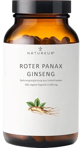 Naturkur® Ginseng 500mg - 180 Kapseln im Apothekerglas - Roter Panax Extrakt - 20% Ginsenoside, vegan, ohne Zusatzstoffe, hergestellt in Unterfranken
