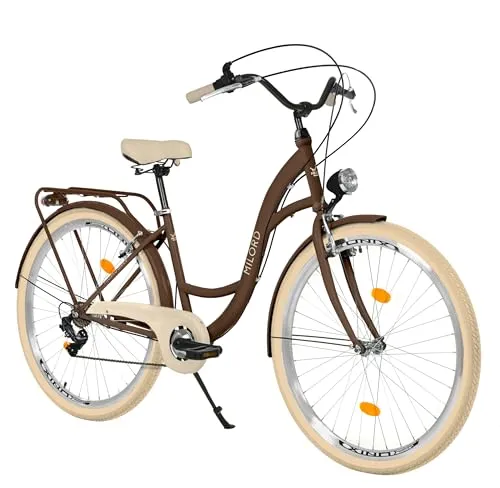 MILORD Damenfahrrad Citybike Komfort Retro Bike 26 Zoll - Stylisches 26 Zoll Citybike mit robustem Stahlrahmen und 7-Gang-Schaltung. Ideal für den Alltag und entspannte Stadtfahrten. 90 % vormontiert für schnellen Fahrspaß. Inklusive Zubehör wie Schutzbleche und Rückenträger.