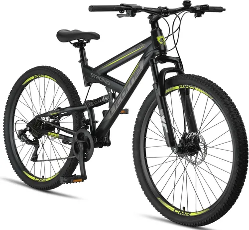 Licorne Bike Mountainbike Strong 2D Premium - 26, 27,5 & 29 Zoll - Fahrräder mit stylishen Schwarz/Lime-Farben, robustem Rahmen und ideal für Offroad-Abenteuer, max. Traglast 95 kg.