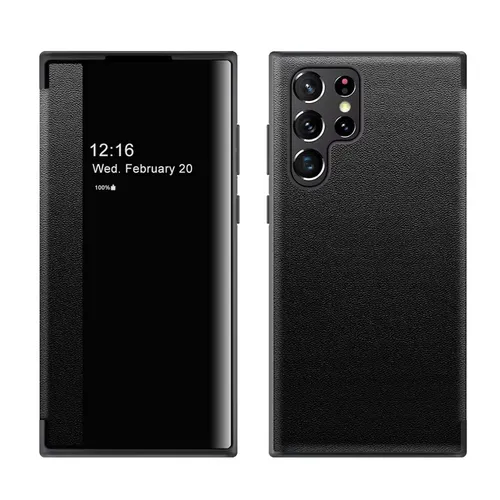Wigento Handyhülle Für Samsung Galaxy S25 Ultra 5G Mirror View Smart Cover Hülle Schwarz, Spiegelansicht, Sichtfenster, Kratzschutz