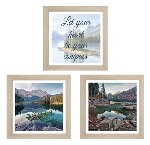 Wandbild 3er Bilderset ORI, Braun, Blau, B 23 cm, H 23 cm, Strand, Let your heart be your Compass