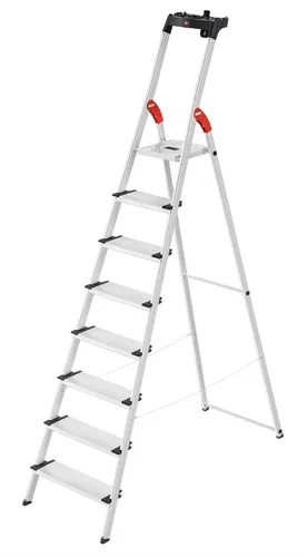 Hailo L80 ComfortLine - Alu-Sicherheits-Stehleiter mit 8 Stufen, rutschsicher und bis 150 kg belastbar für maximale Sicherheit und Komfort