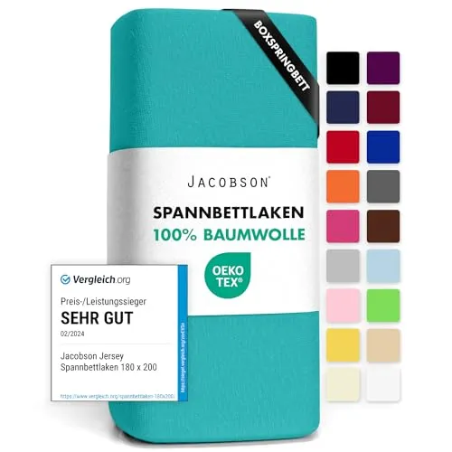 Jacobson Jersey Spannbettlaken Spannbetttuch Baumwolle Bettlaken (140x200-160x220 cm, Türkis)
