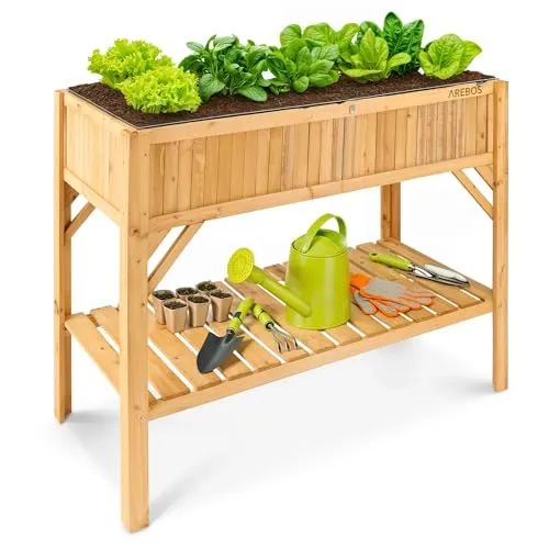 Arebos Hochbeet Holz mit Ablage - Pflanzkasten für Gemüse, Kräuter und Blumen - Hochbeet aus Holz mit 191,4 L Fassungsvermögen und effektiver Drainage für optimale Wachstumsbedingungen. Ideal für Balkon oder Garten.