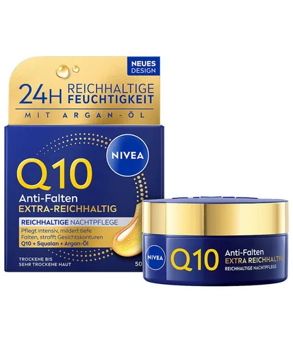 NIVEA Q10 Anti-Falten Power Nachtcreme 50 ml - Reichhaltige Nachtpflege für trockene Haut, unterstützt die Hautregeneration über Nacht und sorgt für ein angenehmes Hautgefühl. Mit wertvollem Bio-Argan-Öl für optimale Feuchtigkeitsversorgung.