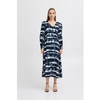 Kleid IHVARIEL Regular Fit Maxikleid mit V-Ausschnitt - Elegantes Maxikleid mit abstraktem Muster, voluminösen Ärmeln und geraffter Taille. Perfekt für besondere Anlässe oder den Alltag.