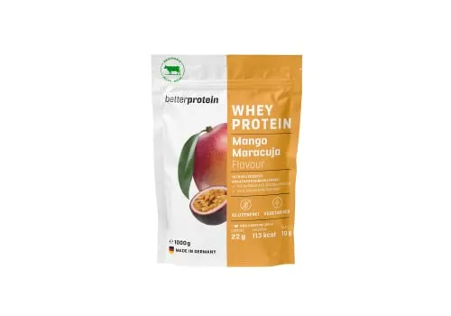 Whey Protein - Mango Maracuja 1 kg - Produziert in Deutschland aus regionaler Milch - Eiweißpulver zum Muskelaufbau und Abnehmen - Beutel - betterprotein ®