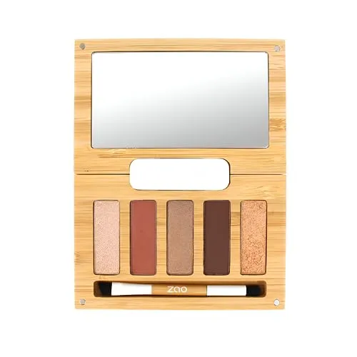 ZAO - Palette Spicy Chic – nachfüllbar mit Spiegel mit 5 Lidschatten + Pinsel mit doppelter Katzenzunge und abgeschrägtem Rand