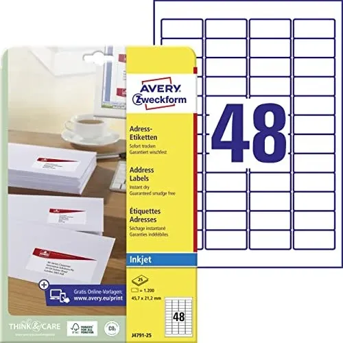 AVERY Zweckform 1.200 Adressetiketten J4791-25 weiß 45,7 x 21,2 mm