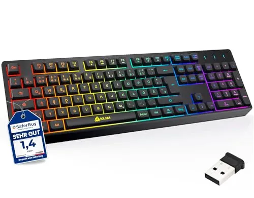KLIM Chroma Wireless Gaming Tastatur - Kabellos QWERTZ DEUTSCH - Ergonomische, wasserdichte und leise Gaming Tastatur mit RGB-Beleuchtung, ideal für PC und Konsolen. Langlebig mit 10 Mio. Anschlägen und 5 Jahren Support.