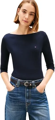 Tommy Hilfiger Damen Langarmshirt New Cody Slim U-Boot-Ausschnitt, Blau - Nachhaltig produziertes Top mit U-Boot-Ausschnitt, ideal für lässige und elegante Outfits.
