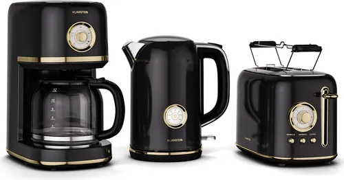 Klarstein Victoria Frühstücksset – Toaster, Wasserkocher & Filterkaffeemaschine – Schwarz - VIELSEITIGES FRÜHSTÜCKSSET: Perfekt für jeden Morgen! Genieße Toast, Tee und frisch gebrühten Kaffee aus einem stilvollen Set mit Retro-Design. Benutzerfreundlich und elegant – für ein harmonisches Küchenerlebnis.