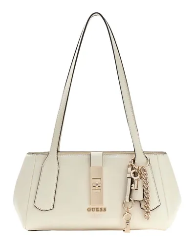Guess Brooke Schultertasche 27 cm in Weiß - Elegante Schultertasche von Guess mit praktischem Reißverschlussfach und stilvollem Drehverschluss. Aus langlebigem Polyurethan, ideal für den täglichen Gebrauch. Bequemer Umhängeriemen für flexible Trageoptionen.