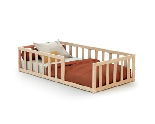 WEBABY Bodenbett Babybett 70 x 140 cm aus Buche Natur - Sicheres Boden-Kinderbett mit kleinen Barrieren für optimale Sicherheit und Schlafkomfort. Ideal für die Autonomie Ihres Kindes. Lattenrost inklusive, für bessere Matratzenbelüftung.