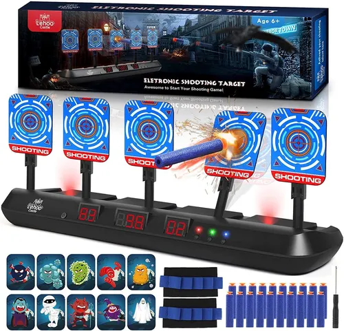 Lehoo Castle Elektrisches Schießspiel für Nerf - 5 Ziele mit Licht und Sounds - Spielzeug-Schaumstoff-Blaster-Sets mit 5 Zielen, automatischem Reset und einzigartigen Soundeffekten - fördert Konzentration und Geduld bei Kindern.