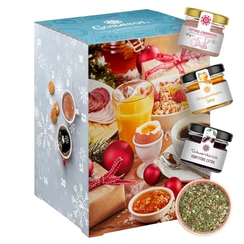 Corasol Premium Frühstücks-Mix Adventskalender - Adventskalender mit Speisen & Getränken, enthält 24 kulinarische Highlights für abwechslungsreiche Frühstücksmomente von süß bis herzhaft.