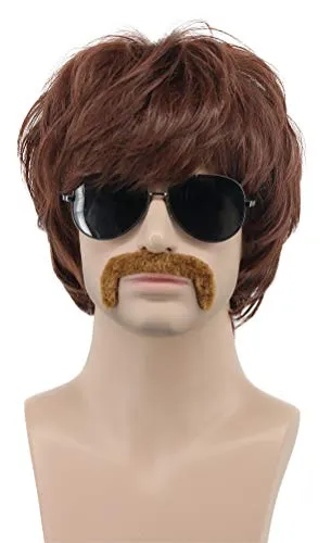 karlery Erwachsene Männer Kurze Gerade Braun Rocker Schnurrbart Perücke 70er 80er Jahre Kalifornien Halloween Kostüm Cosplay Anime Perücke