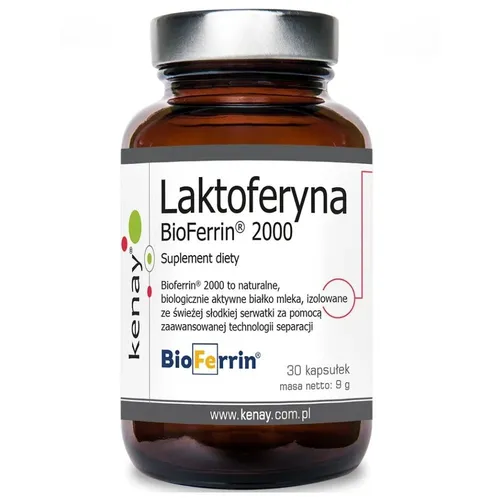 Kenay Laktoferyna Bioferrin 2000 - 30 Kapseln - Nahrungsergänzungsmittel mit biologisch aktivem Milchprotein, unterstützt die Eisenversorgung und fördert das Wohlbefinden.