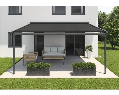 SOLUNA Pergola mit Stoffdach 3,5x4 Stoff Dessin 8446 Gestell RAL 7016 anthrazitg