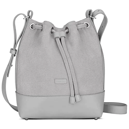 Expatrié Handtasche Damen Grau Lily Bucket Bag Umhängetasche Klein aus Baumwoll Canvas und veganem PU Leder für Shopping, Büro, Freizeit - Stylische Crossbody Schultertasche für Frauen