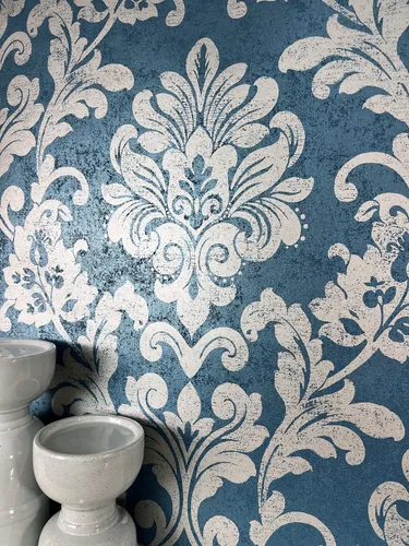 Newroom Vliestapete, Blau Tapete Vintage Ornamente - Glanztapete Elegant Petrol Silber Glamour Glamour Metallic Glanz für Wohnzimmer Schlafzimmer Küche, Mehira