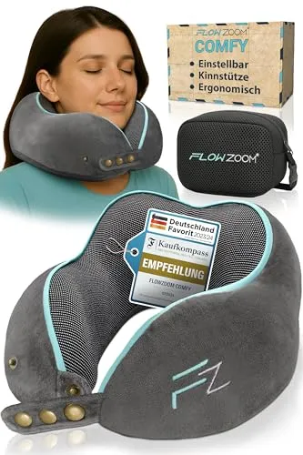 FLOWZOOM Nackenhörnchen COMFY - Nackenkissen aus Memoryschaum, verstellbar und waschbar für entspannte Reisen in Grau