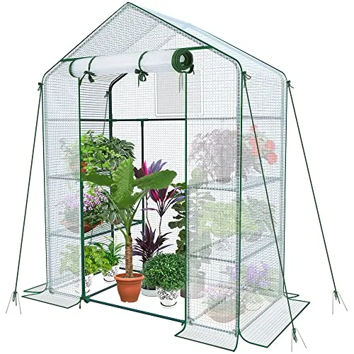 VOUNOT® Gewächshaus Foliengewächshaus, begehbares Gartenhäuschen mit 4 Regalebenen, Tomatenhaus Tomatengewächshaus, Weiß 143x73x195cm