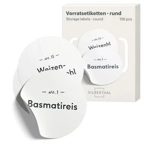 SILBERTHAL Vorratsgläser Etiketten Set (156 Stück) Rund – wasserfest & selbstklebend, 120 vorgedruckt + 36 blanko, rückstandslos ablösbar & wiederverwendbar, 2 Größen (Ø 6,7 cm / 40×15 mm), matt weiß