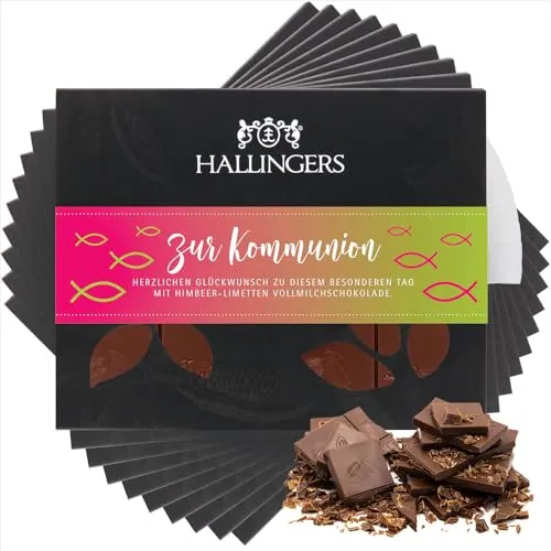 Hallingers 10x Zur Kommunion - Vollmilch Edel-Schokolade mit Himbeere & Limette - handmade, alkoholfrei (Box) - Muttertagsgeschenk & Geschenkideen zum Vatertag | Geburtstag Glückwunsch Jahrestag Freun