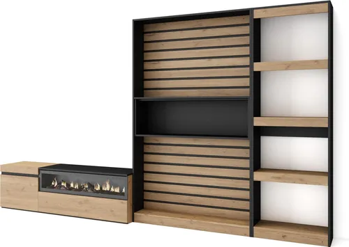 Moderne Wohnwand mit Elektrokamin, 320x35x186cm, Eiche und Schwarz - Stylische Wohnwand mit LED-Elektrokamin und realistischem 3D-Feuereffekt. Viel Stauraum für Elektronik und Dekoration. Hergestellt aus langlebigen Materialien für einen zeitgemäßen Look.