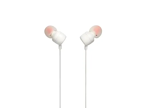 JBL T110 In-Ear Kopfhörer Weiß mit Pure Bass Sound - Kopfhörer mit kraftvollem JBL Pure Bass Sound, leicht und bequem, ideal für Musikgenuss unterwegs und Anrufe dank integrierter Fernbedienung.