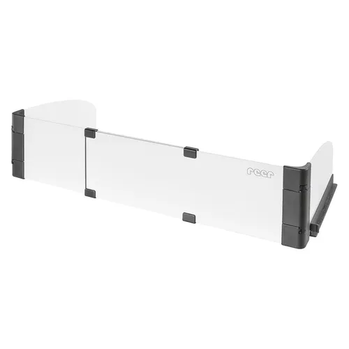 reer Basic Herdschutzgitter - Kindersicherung für sichere Küchen - Kindersicherung für Herd, schützt vor Verbrennungen und Gefahren. Robustes Kunststoff- und Metalldesign in Schwarz und Silber.