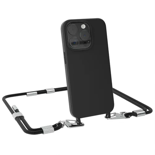 Hülle mit Band für Apple iPhone 15 Pro Handykette Karabiner Silikonhülle Schwarz