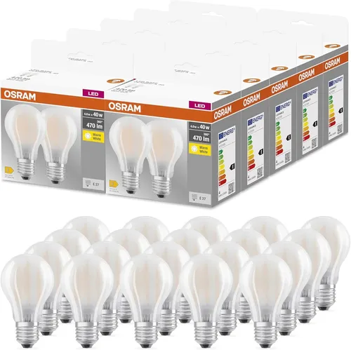 Osram BASE CLASSIC A GLFR 40 LED-Lampe E27, warmweiß, 4W, Doppelpack - Energieeffiziente LED-Lampe mit klassischer Kolbenform für angenehmes Licht. Langlebig und robust, ideal für den täglichen Einsatz mit geringer Wärmeentwicklung und sofortiger Lichtleistung.