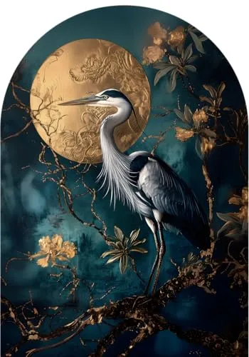 STYLER Glasbild Shirasagi 70x100 cm – Eleganter Silberreiher vor goldener Sonne – Japanisches Kunstwerk im geschwungenen Bogen-Design