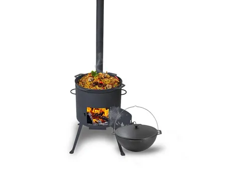 Olymp Handels GmbH Feuerstelle Utschak Set mit Kasan 15L - Vielseitige Feuerstelle mit Schornstein, inkl. 15L Gusseisen Kasan. Ideal zum Kochen und Grillen im Freien, kompakt und leicht zu transportieren.