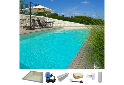 KWAD Rechteckpool Styropor Pool Easy mit Treppe links 6 - Komplett-Set - Gestalten Sie Ihren Garten zum Badeparadies mit dem KWAD Styropor Pool Easy! Langlebige Styroporsteine sorgen für optimale Wärmeisolierung und einfachen Aufbau. Inklusive rutschhemmender Treppe und leistungsstarker Sandfilteranlage.