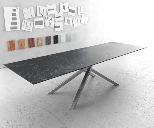 DELIFE Esstisch Edge 300x100cm Keramik Laminam®Nero Greco Anthrazit Kreuzgestell Rechteck Edelstahl