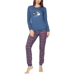 Cornette Schlafanzug Damen Schlafanzug Zweiteiler Pyjama Langarm mit Rundhals Baumwolle 634 blau S