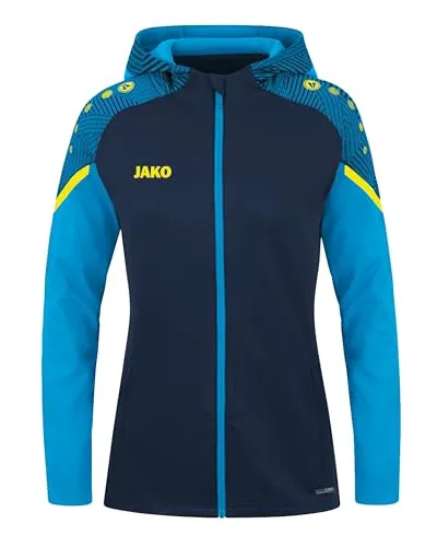 JAKO Damen Kapuzenjacke Performance, Marine/Jako-Blau, Größe 36 - Funktionsjacke aus 100% recyceltem Polyester, mit praktischen Reißverschlusstaschen und stylischem Jacquard-Schultereinsatz für optimalen Tragekomfort.
