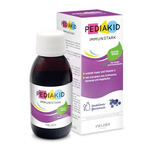 PEDIAKID IMMUNSTARK 125 ml - Nahrungsergänzung für Kinder - Ideal für wechselnde Jahreszeiten: PEDIAKID IMMUNSTARK unterstützt die natürlichen Abwehrkräfte mit einer innovativen Formel aus pflanzlichen Extrakten und Vitamin C. Vegan und glutenfrei, mit natürlichem Blaubeergeschmack.