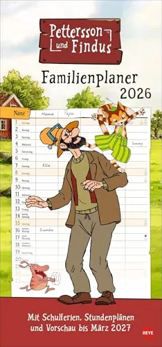 Pettersson und Findus Familienplaner 2026: Familienkalender mit dem beliebten Bilderbuch-Duo. Praktischer Wandkalender mit 5 Spalten. Liebevoll ... für Familien. (Familienplaner Heye)