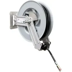Automatischer Schlauchaufroller OPEN 18, 10 x 15mm - Druckluftzubehör mit PROFI-Stahlkupplung, ideal für Werkstätten; bietet flexibles Auf- und Abrollen mit robustem Gestell und 16 plus 2 m abriebfestem Gummischlauch.