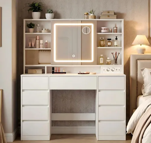 VASAGLE Schminktisch mit Ladestation und 10x Vergrößerungsspiegel - Schminktisch mit modernem Design und 9 Schubladen, inklusive abnehmbaren 10x Vergrößerungsspiegel für präzises Schminken. Werkzeuglose Montage und LED-Beleuchtung mit 3 Lichtfarben.